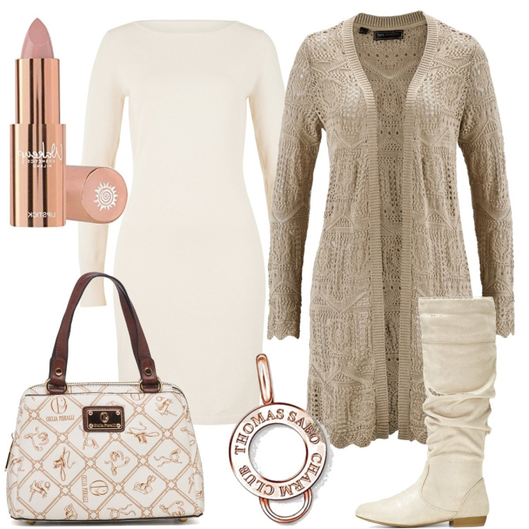Outfit donna - Tra rosa e beige. Stile Chic per Ufficio. Abbinamento con cardigans, vestiti, stivali, borse a mano, rossetti, ciondoli.