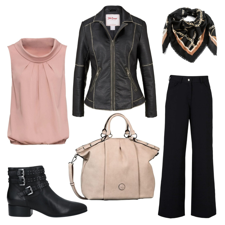Outfit donna - Collezione Melani. Stile Casual per Tutti i giorni. Abbinamento con stivaletti, top, pantaloni, blazer, foulard, shopping bag.
