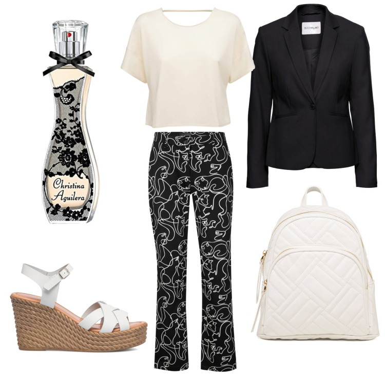 Outfit donna - Fantasia in bianco e nero. Stile Casual per Tutti i giorni. Abbinamento con blazer, pantaloni, zaini, sandali in pelle, t-shirt, profumi.