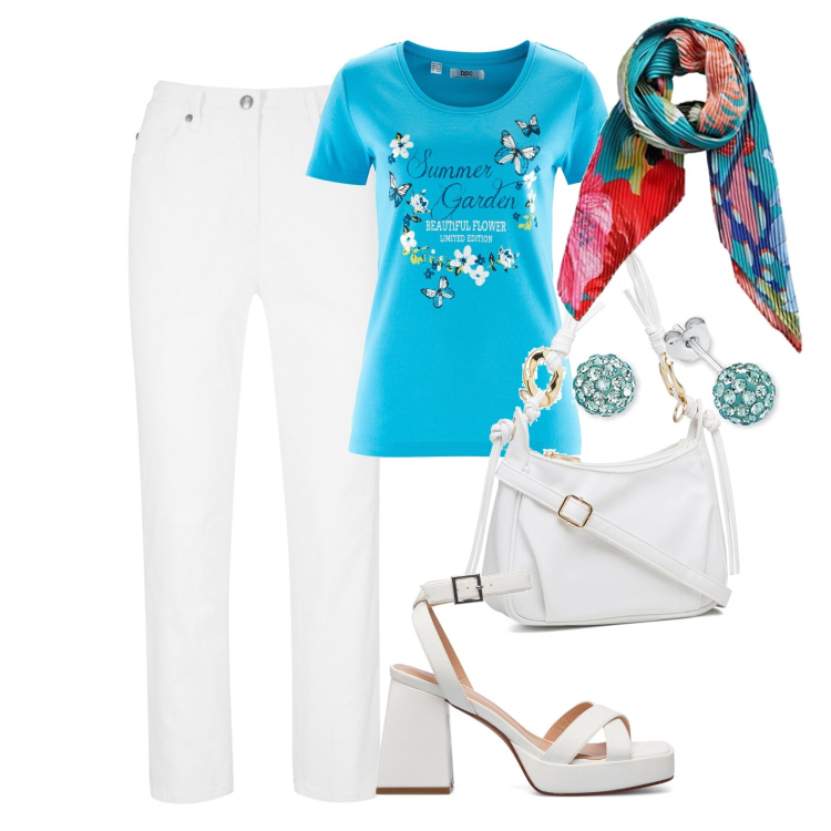 Outfit donna - In città. Stile Basic per Tutti i giorni. Abbinamento con t-shirt, pantaloni, sandali in pelle, borse a mano, sciarpe, orecchini.