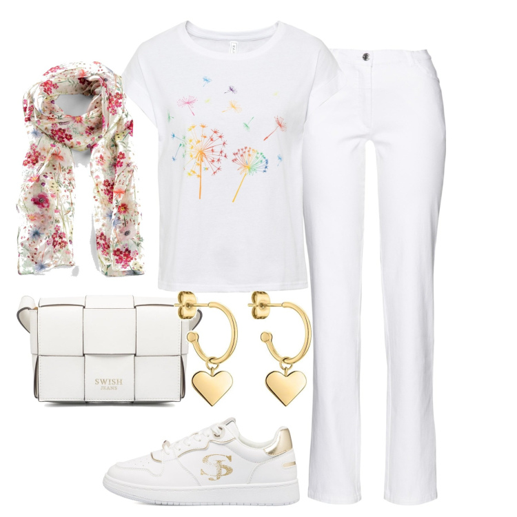 Outfit donna - In bianco. Stile Basic per Tutti i giorni. Abbinamento con t-shirt, pantaloni, foulard, sneakers, borse a tracolla, orecchini.