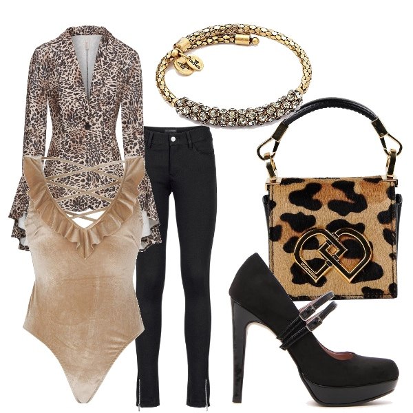 Outfit donna - Total look con bracciale rigido. Stile Trendy per Ufficio. Abbinamento con pantaloni, blazer con volant fantasia con scollo, top con ruches scollatura profonda in velluto tinta unita, borse a mano, décolleté nero, bracciale wrap in ottone forma intrecciata rosa.