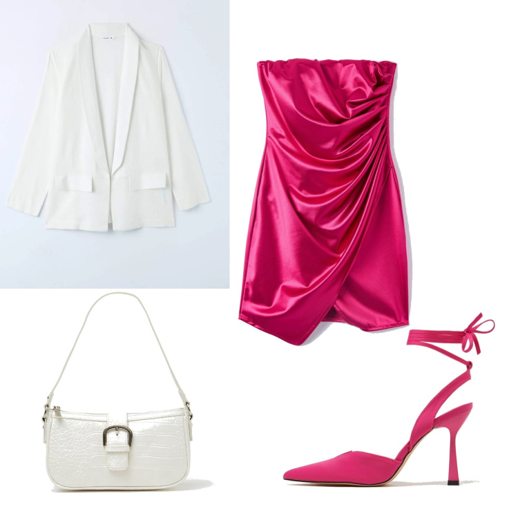 Outfit donna - Serata glamour. Stile Glamour per Serata fuori. Abbinamento con vestiti asimmetrici, blazer, décolleté, borse a spalla.