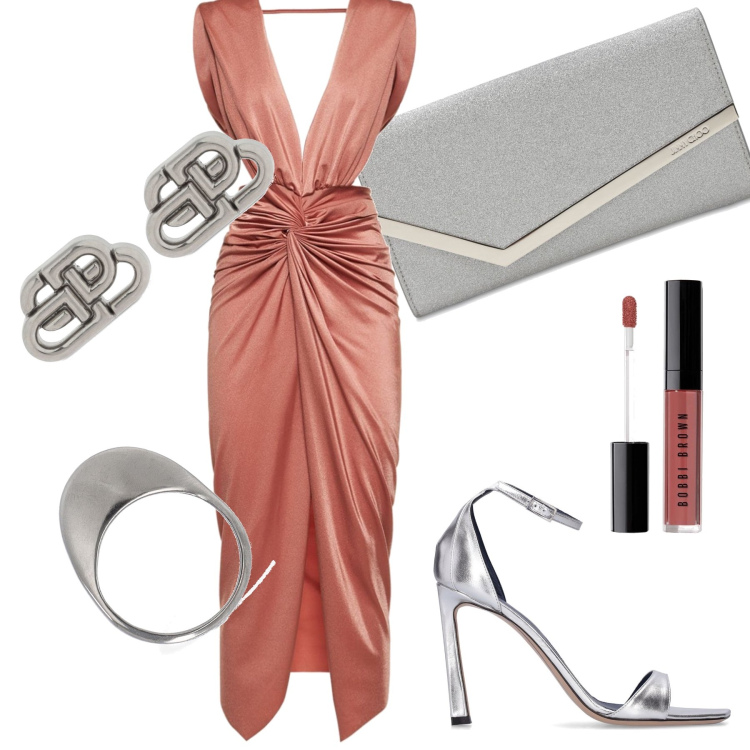 Outfit donna - Heart of Glass. Stile Glamour per Cerimonia. Abbinamento con vestiti lunghi, pochette, rossetti, sandali in pelle, anelli, orecchini.