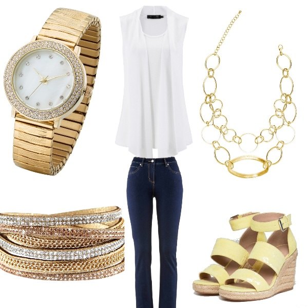 Outfit donna - Urban #6263. Stile Urban Abbinamento con jeans dritti, top chiffon, bracciale con strass beige, orologio con cinturino oro, collana, espadrillas con zeppe effetto zigrinato con fibbia.