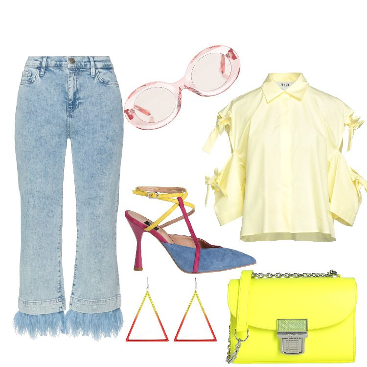 Outfit femme - Sortie cinéma. Style Tendance pour Soirée dehors. Assortir avec jean coupe droite, boucles d'oreilles, lunettes de soleil, sacs en bandoulière, chaussures à talon, chemisiers.