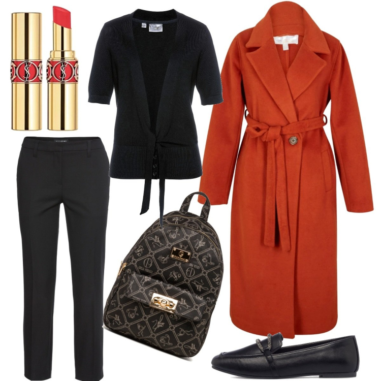 Outfit donna - Fine inverno. Stile 70s per Tutti i giorni. Abbinamento con pantaloni, cappotti, cardigans, mocassini, zaini, rossetti.