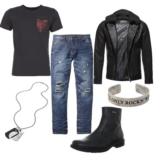Outfit uomo - Concerto rock. Stile Biker Rock per Serata speciale. Abbinamento con collana.