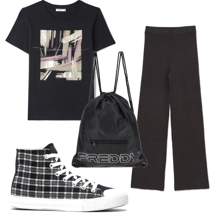 Outfit donna - Total look #1566537. Stile Trendy per Tutti i giorni. Abbinamento con sneakers alte, camicie a manica corta, pantaloni, zaini.