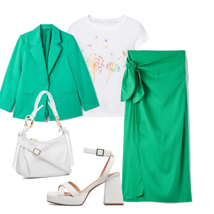 Outfit donna - In città. Stile Trendy per Tutti i giorni. Abbinamento con t-shirt, gonne, blazer, sandali in pelle, borse a mano.