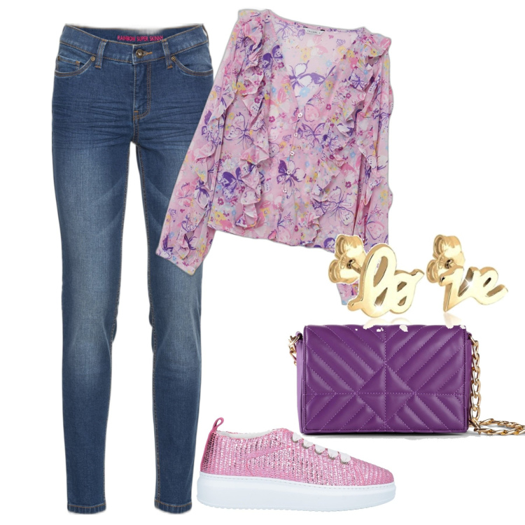 Outfit donna - In città. Stile Romantica per Tutti i giorni. Abbinamento con jeans skinny, borse a mano, sneakers, camicie, orecchini.