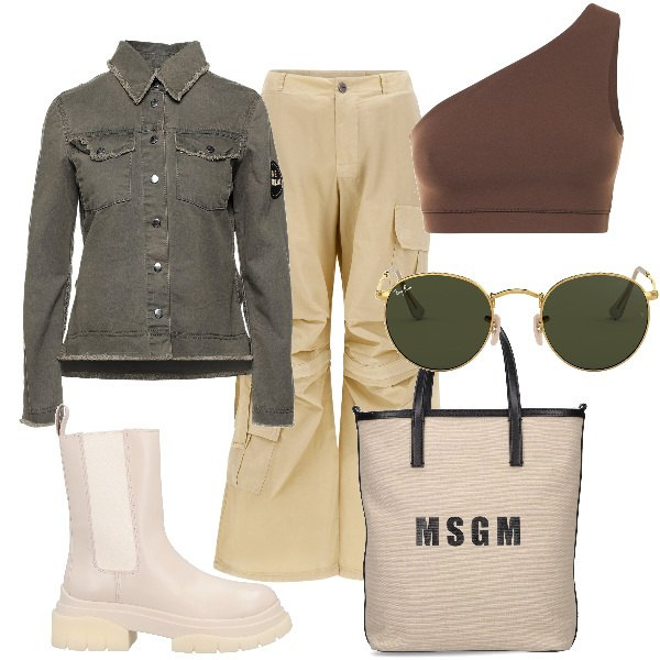 Outfit donna - Total look #1566623. Stile Military per Tutti i giorni. Abbinamento con stivaletti, camicie, pantaloni cargo, top, occhiali da sole, shopping bag.