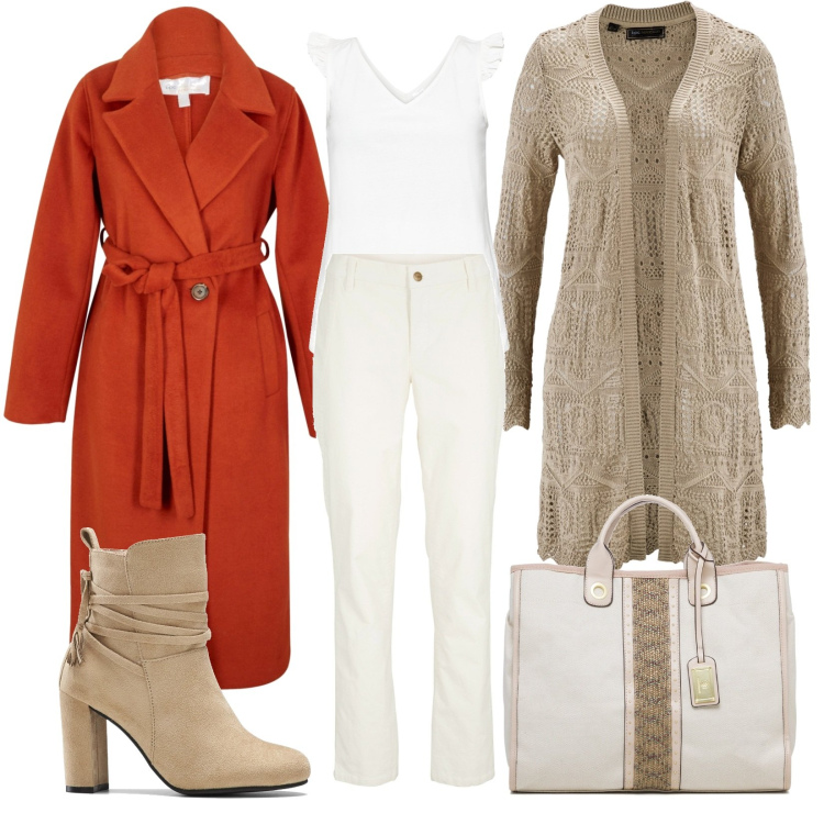Outfit donna - Romanticamente curvy. Stile Romantica per Ufficio. Abbinamento con cardigans, top, pantaloni, stivaletti, cappotti, borse a mano.