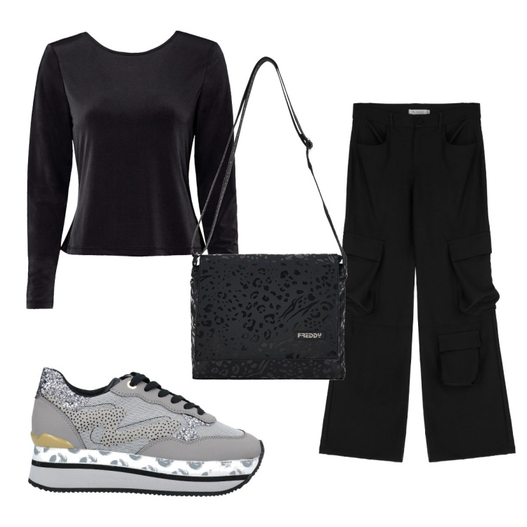 Outfit donna - Total look #1566661. Stile Trendy per Tutti i giorni. Abbinamento con maglieria, sneakers, pantaloni, borse a tracolla.