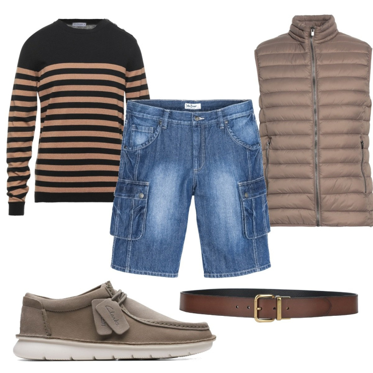 Outfit uomo - Papà in jeans. Stile Trendy per Tutti i giorni. Abbinamento con bermuda, pullovers, cinture, piumini, sneakers.
