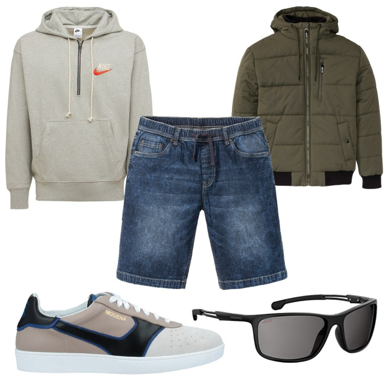 Outfit uomo - Trendy #4719. Stile Trendy per Tutti i giorni. Abbinamento con bermuda, cappotti, sneakers, felpe con cappuccio, occhiali da sole.