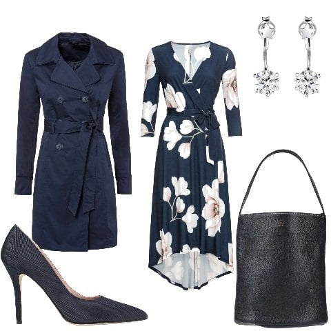 Outfit donna - Mi vesto in blu fiorato. Stile Glamour per Tutti i giorni. Abbinamento con vestiti lunghi, trench, borse a mano, décolleté, orecchini.