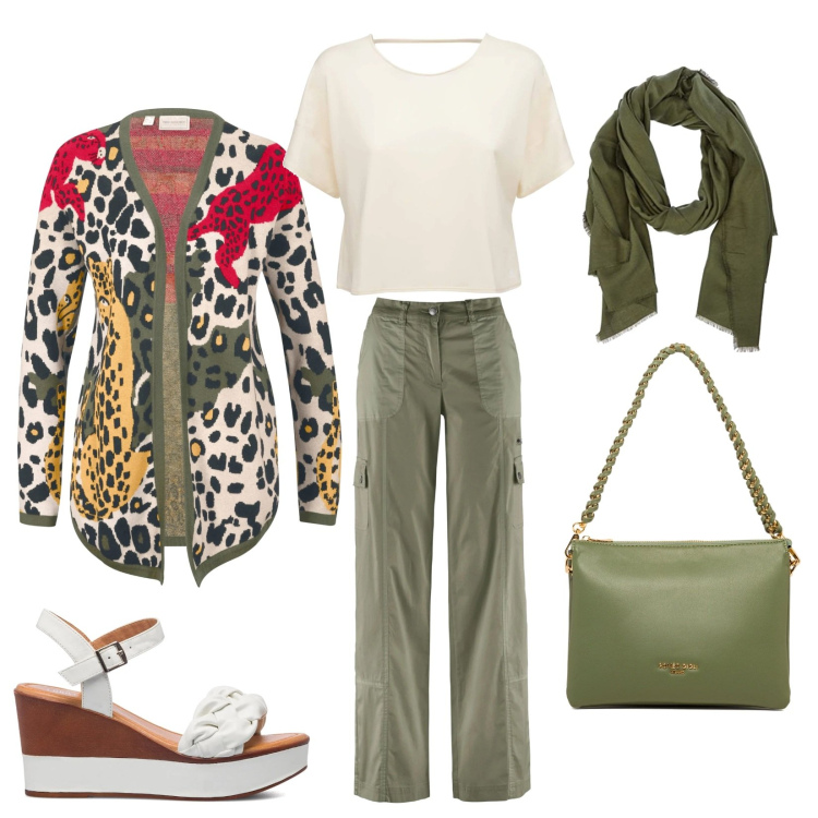 Outfit donna - Look leopardato. Stile Casual per Tutti i giorni. Abbinamento con pantaloni cargo, cardigans, sandali in pelle, borse a tracolla, t-shirt, sciarpe.