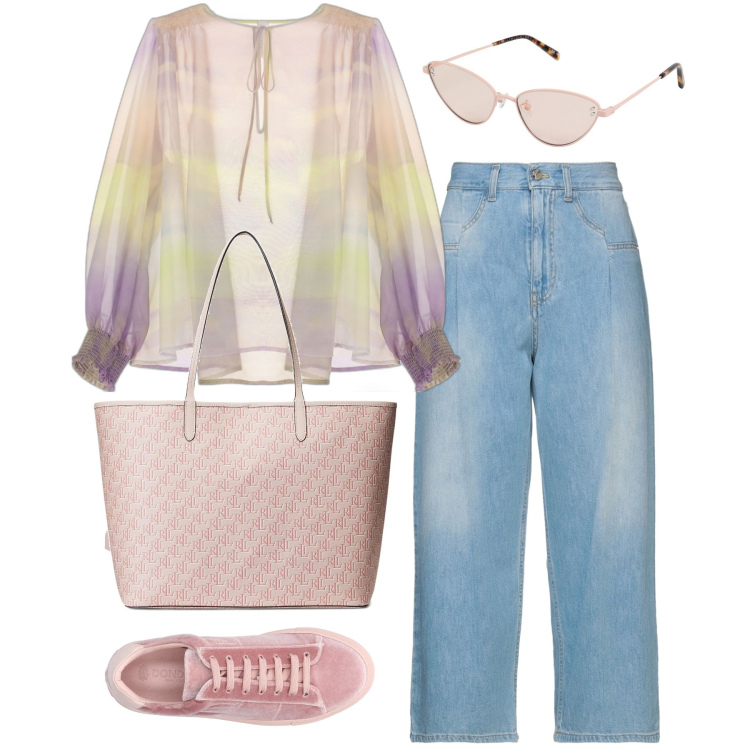 Outfit donna - Delicatezza in jeans. Stile Casual chic per Tutti i giorni. Abbinamento con sneakers, jeans dritti, borse a mano, occhiali da sole, camicie.