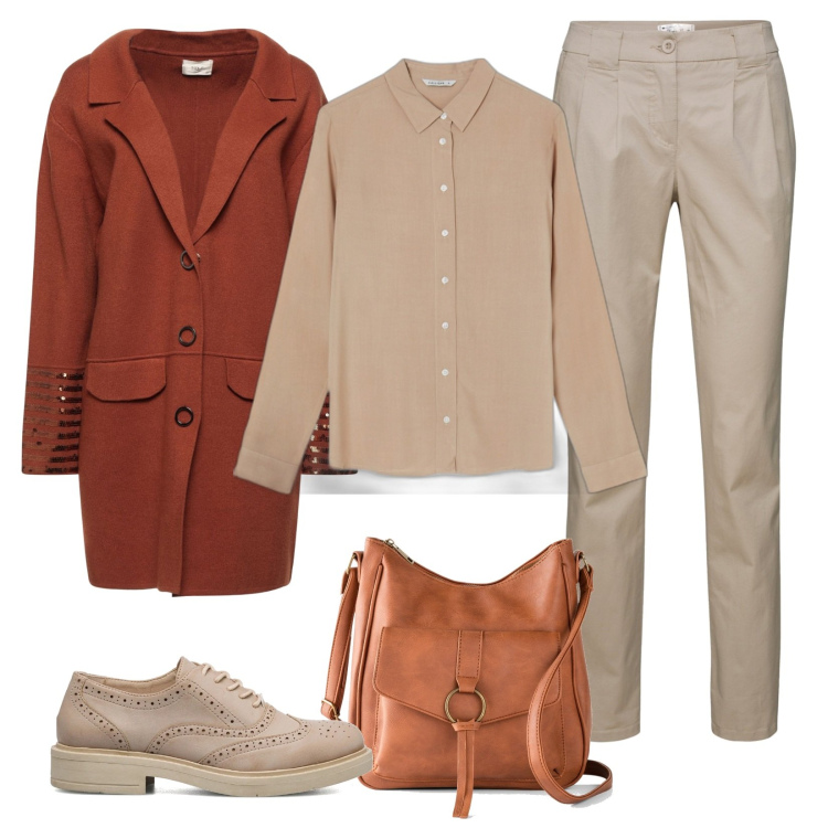 Outfit donna - Ufficio. Stile Casual per Ufficio. Abbinamento con pantaloni chino, borse a tracolla, cappotti, camicie, scarpe stringate.
