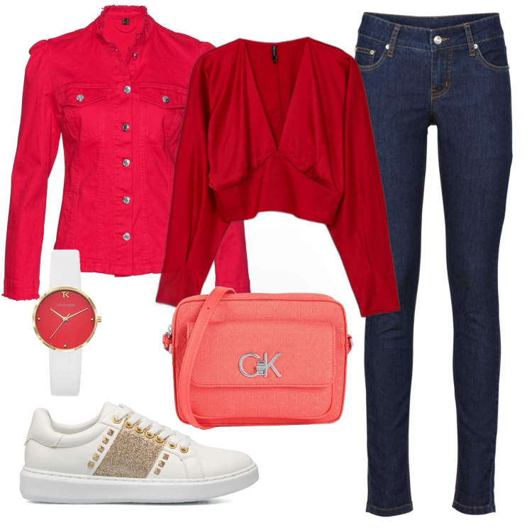 Outfit donna - Jeans e rosso. Stile Casual per Serata fuori. Abbinamento con jeans skinny, blazer, borse a tracolla, bluse, sneakers, orologi analogici.