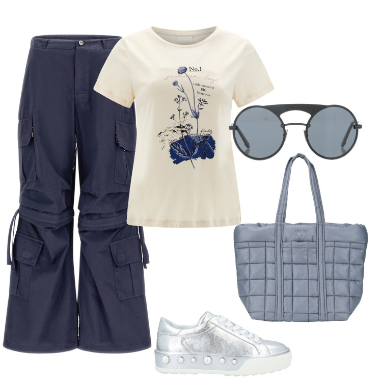Outfit donna - Primavera con Freddy. Stile Casual chic per Tutti i giorni. Abbinamento con sneakers, borse a spalla, occhiali da sole, pantaloni cargo, t-shirt.