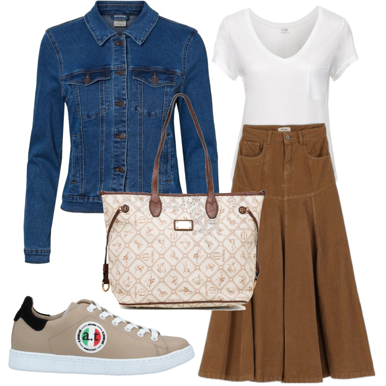 Outfit donna - La gonna lunga. Stile Basic per Tutti i giorni. Abbinamento con t-shirt, sneakers, gonne longuette, giacche, borse a spalla.