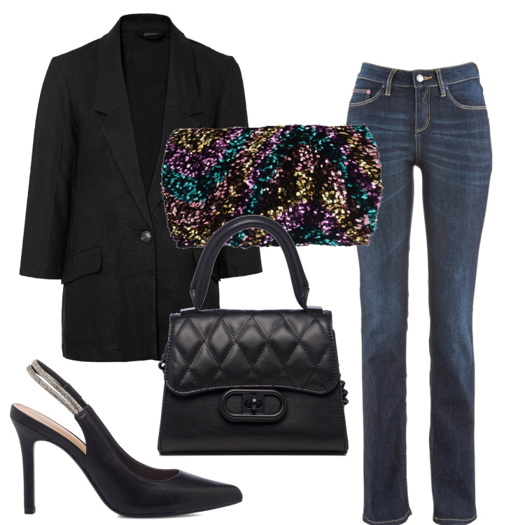 Outfit donna - Il top scintillante. Stile Glamour per Serata fuori. Abbinamento con jeans dritti, blazer, top, décolleté, borse a mano.