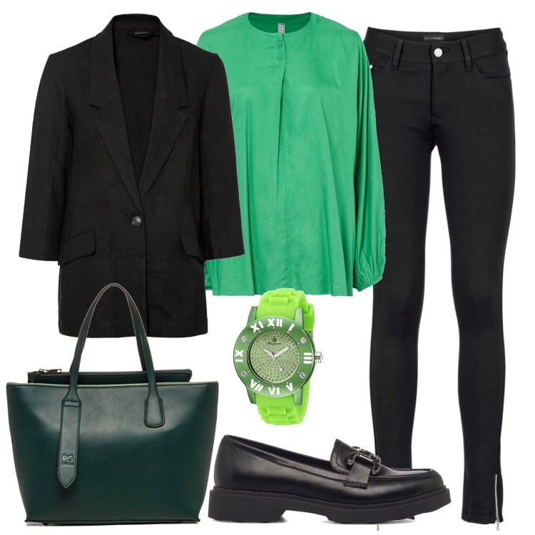 Outfit donna - Total look #1567450. Stile Casual per Ufficio. Abbinamento con pantaloni, bluse, blazer, mocassini, borse a spalla, orologi.