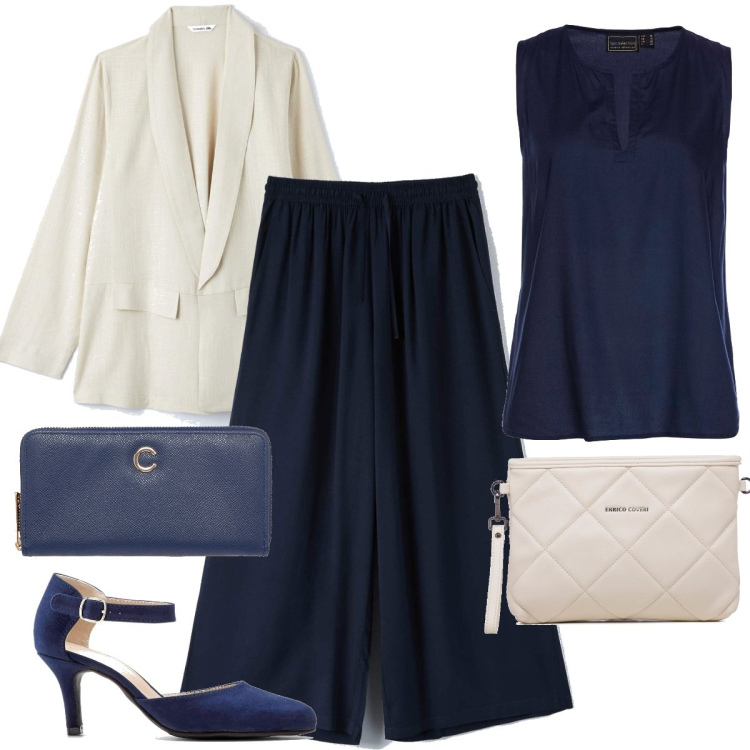 Outfit donna - Casual chic #7039. Stile Casual chic per Serata fuori. Abbinamento con décolleté, top, pantaloni a palazzo, blazer, borse a tracolla, portafogli.
