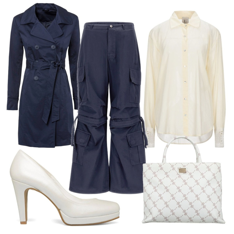 Outfit donna - Total look #1567651. Stile Trendy per Tutti i giorni. Abbinamento con trench, borse a mano, camicie, pantaloni cargo, décolleté.