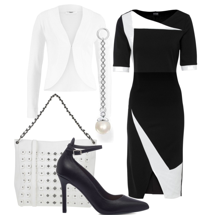 Outfit donna - Optical in bianco e nero. Stile Chic per Ufficio. Abbinamento con vestiti a tubino, blazer, borse a mano, décolleté, orecchini.
