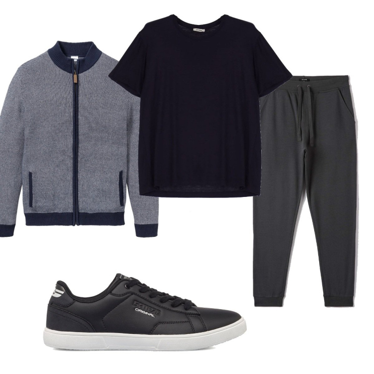 Outfit uomo - Total look #1567826. Stile Trendy per Tutti i giorni. Abbinamento con cardigans, pantaloni sportivi, t-shirt, sneakers.