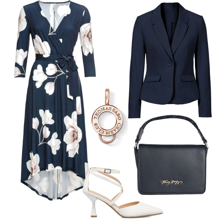 Outfit donna - Il vestito blu. Stile Casual chic per Cerimonia. Abbinamento con vestiti lunghi, blazer, borse a mano, décolleté, ciondoli.