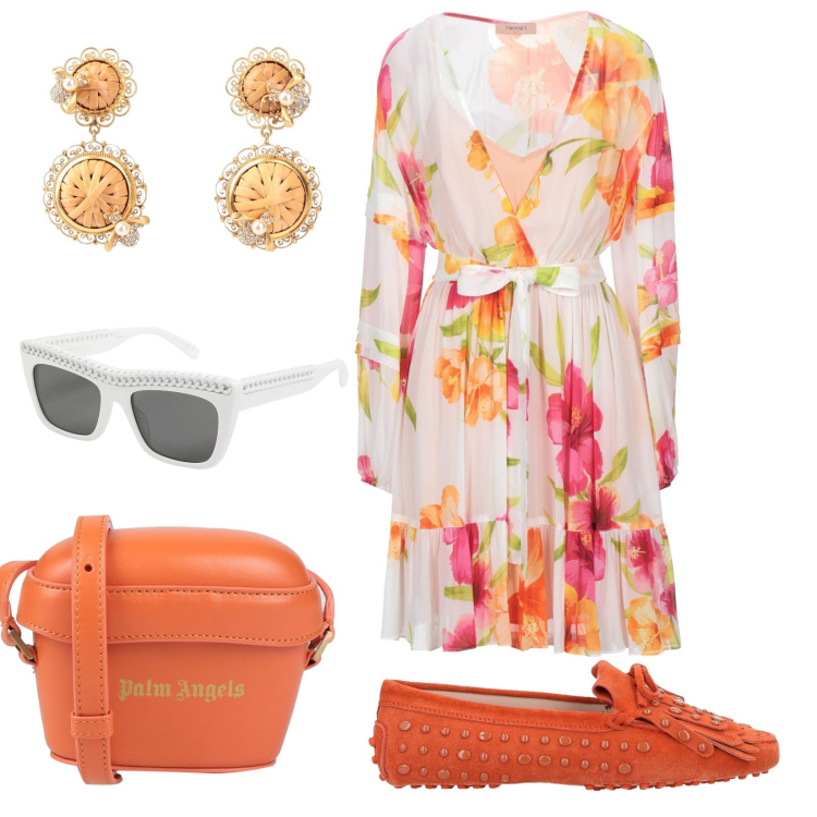 Outfit donna - Domenica di primavera. Stile Bon Ton per Tutti i giorni. Abbinamento con vestiti corti, mocassini, occhiali da sole, orecchini, borse a tracolla.