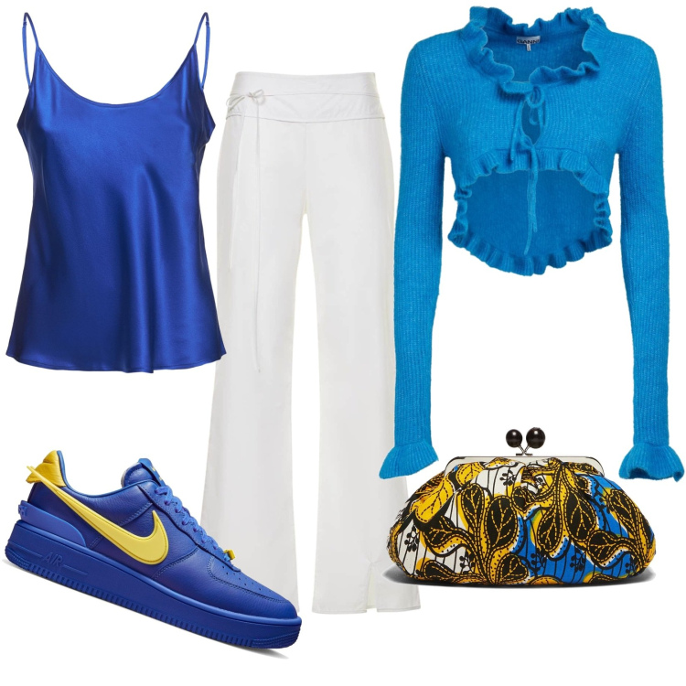 Outfit donna - Giallo e blu elettrico. Stile Sporty chic per Tutti i giorni. Abbinamento con sneakers, maglieria, pochette, top, pantaloni.