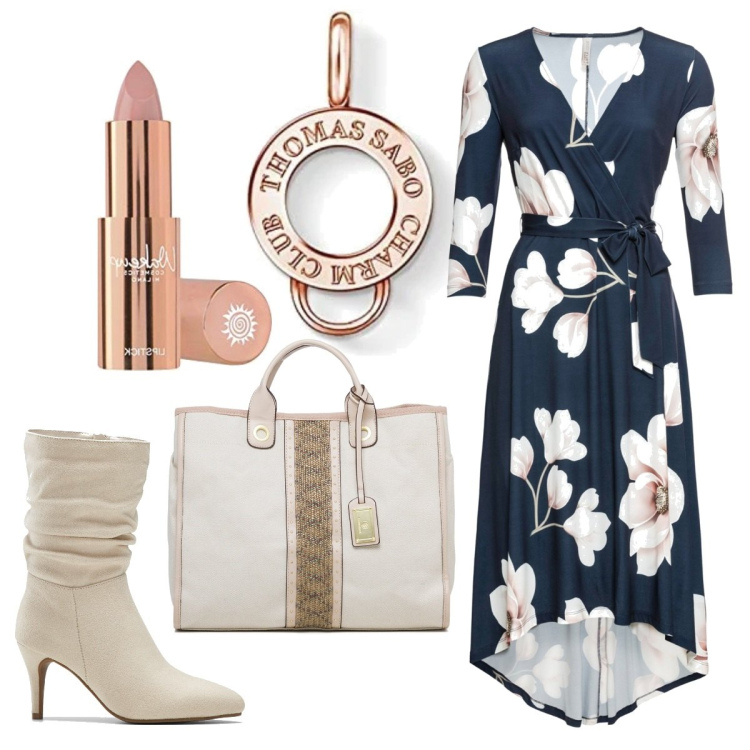 Outfit donna - Fiori eleganti. Stile Chic per Ufficio. Abbinamento con vestiti lunghi, stivali, borse a mano, ciondoli, rossetti.