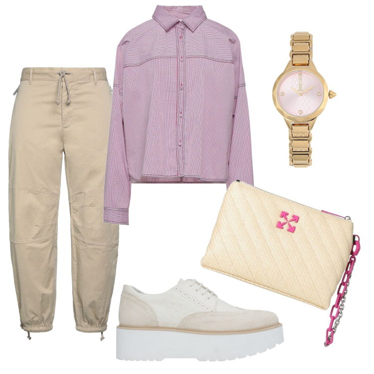 Outfit donna - Spring 2023. Stile Trendy per Tutti i giorni. Abbinamento con scarpe stringate, pantaloni cargo, camicie, orologi, borse a mano.