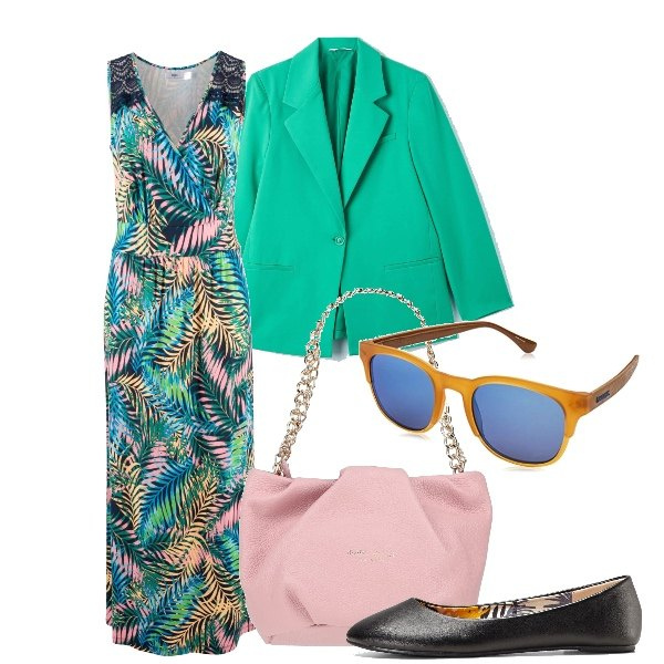 Outfit donna - Arcobaleno di felci. Stile Urban per Tutti i giorni. Abbinamento con ballerine, vestiti lunghi, borse a mano, blazer, occhiali da sole.