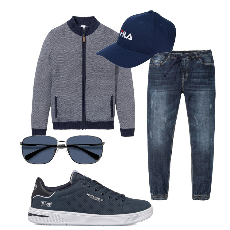 Outfit uomo - Casual a Marzo. Stile Casual per Tutti i giorni. Abbinamento con cardigans, jeans slim fit, sneakers, cappelli con visiera, occhiali da sole.