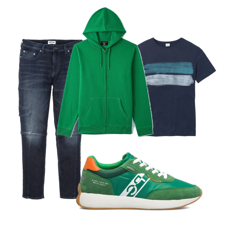 Outfit uomo - Il verde di tendenza. Stile Casual per Tutti i giorni. Abbinamento con t-shirt, jeans slim fit, felpe con cappuccio, sneakers.