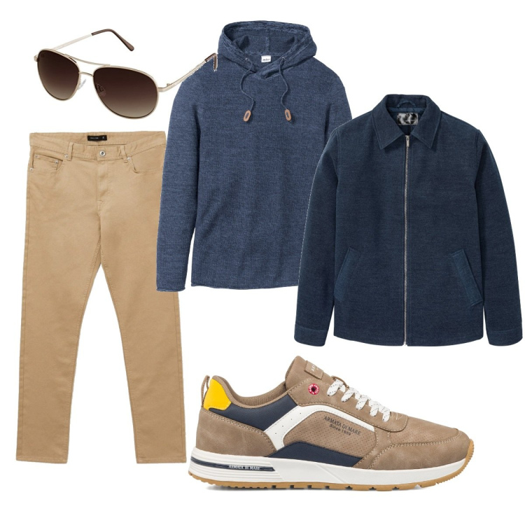 Outfit uomo - Casual #7507. Stile Casual per Tutti i giorni. Abbinamento con maglieria, bomber, pantaloni, sneakers, occhiali da sole.