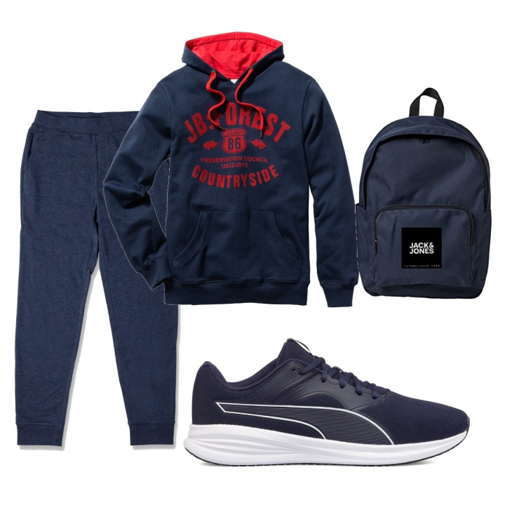 Outfit uomo - Trendy #4830. Stile Trendy per Tutti i giorni. Abbinamento con felpe con cappuccio, pantaloni, scarpe sportive, borse sportive.