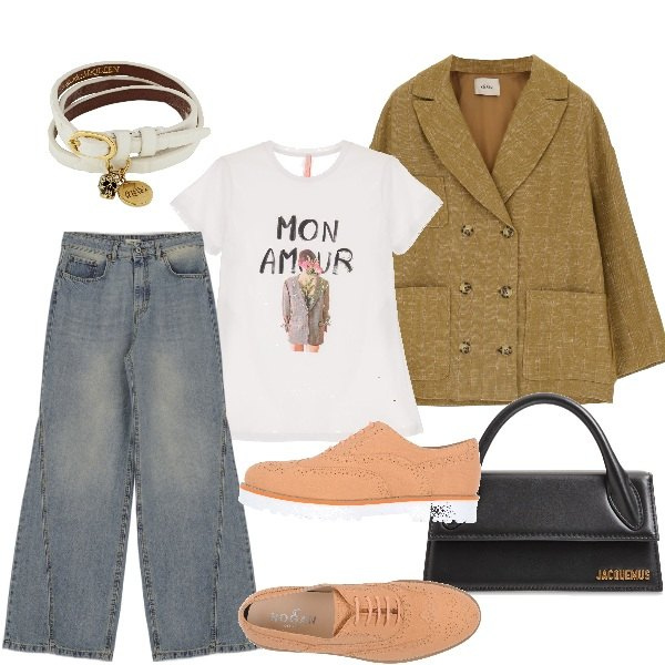 Outfit donna - La giacca mon amour. Stile Trendy per Tutti i giorni. Abbinamento con scarpe stringate, t-shirt, giacche, jeans, braccialetti, borse a mano.