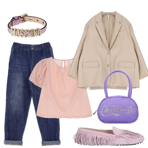 Outfit donna - Jeans, blazer e mocassini. Stile Trendy per Tutti i giorni. Abbinamento con mocassini, t-shirt, giacche, jeans dritti, braccialetti, borse a mano.