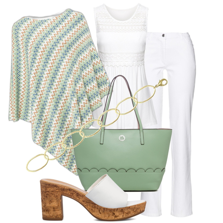 Outfit donna - Poncho fantasia Missoni. Stile Boho per Tutti i giorni. Abbinamento con pantaloni, cappotti, top, sandali in pelle, borse a spalla, braccialetti.