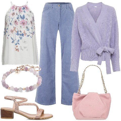 Outfit donna - Donna Curvy super romantica. Stile Romantica per Tutti i giorni. Abbinamento con top, cardigans, pantaloni, borse a mano, sandali col tacco, braccialetti.