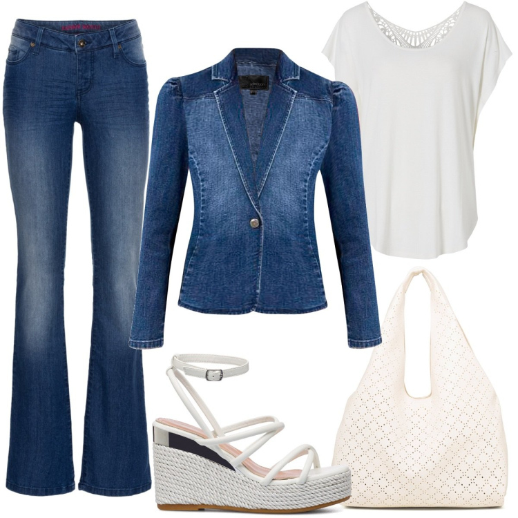 Outfit donna - Gli Indispensabili di Primavera. Stile Trendy per Serata fuori. Abbinamento con jeans bootcut, blazer, maglieria, sandali in pelle, borse a spalla.