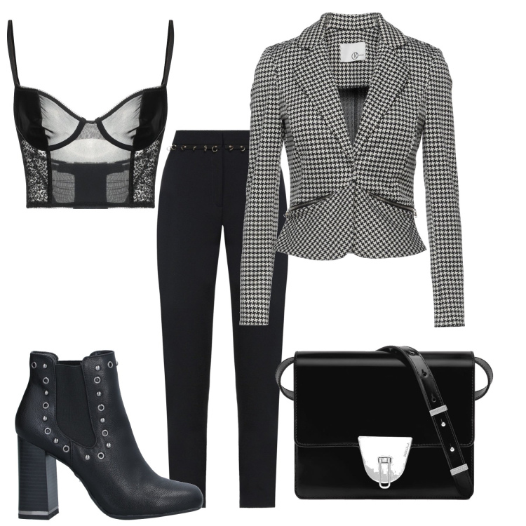 Outfit donna - Black and a little white. Stile Rock per Ufficio. Abbinamento con blazer, pantaloni skinny, stivaletti chelsea, reggiseni, borse a spalla.