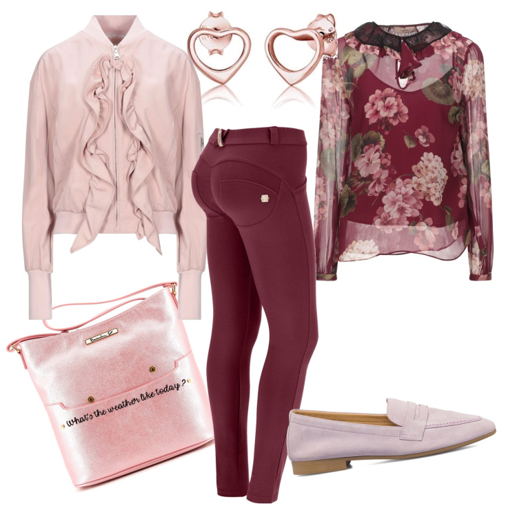 Outfit donna - Romantica Primavera. Stile Casual chic per Tutti i giorni. Abbinamento con bluse, giacche, borse a tracolla, pantaloni skinny, mocassini, orecchini.
